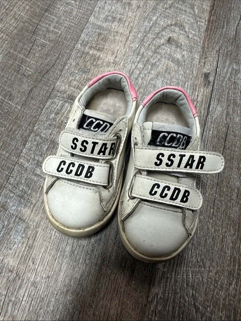 Golden Goose Kids White Sneakers with Pink Heel and Silver Glitter Star